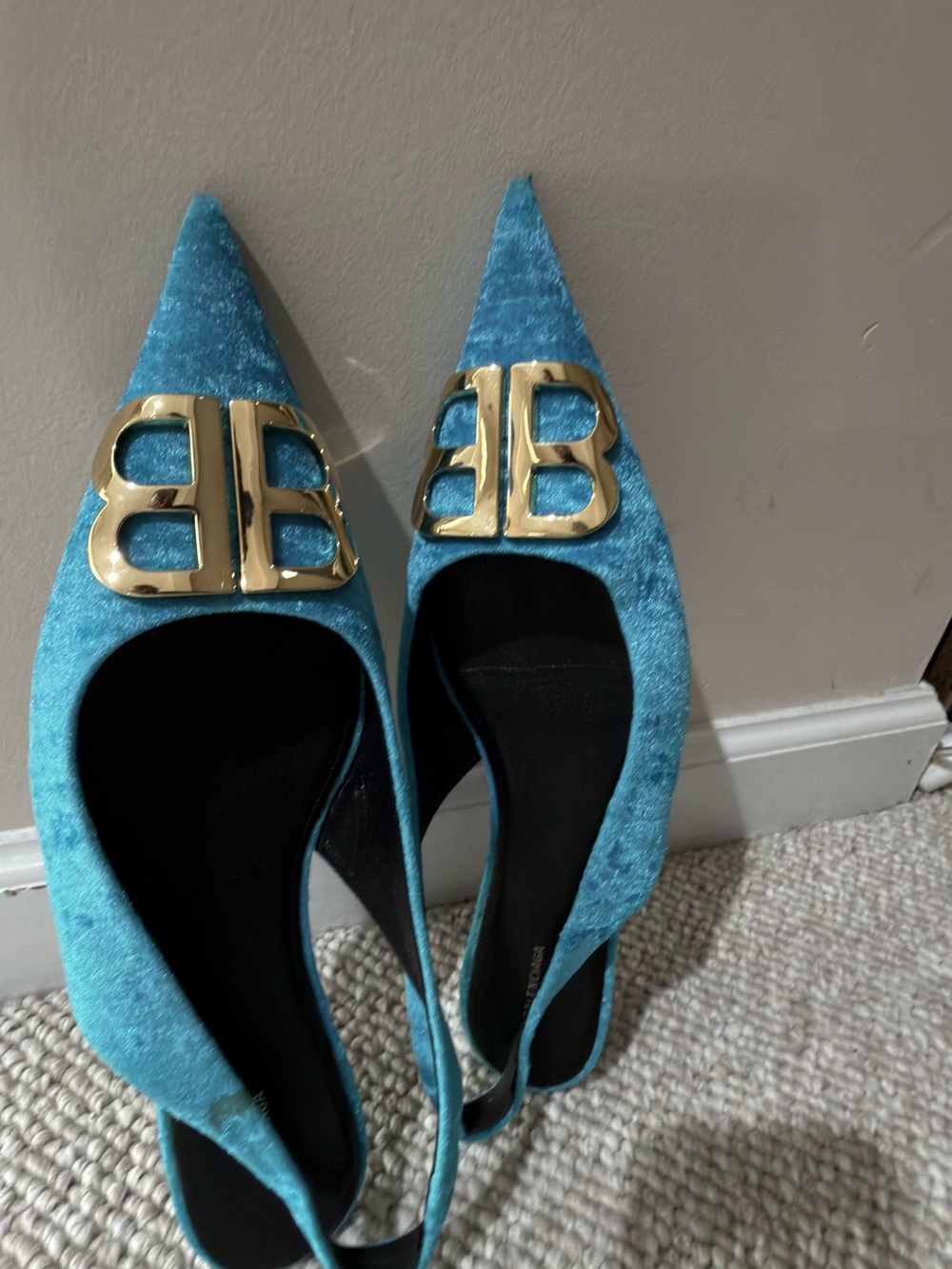 Balenciaga Teal Velvet Slingback Flats with Gold BB Logo - Picture 13 of 17